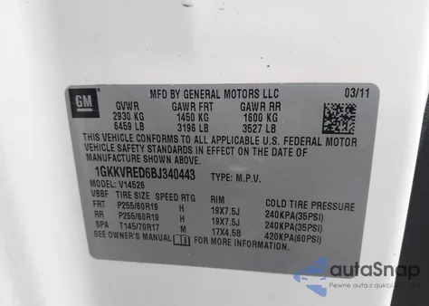2011 GMC Acadia Slt-1 z USA, uszkodzony, nr VIN 1GKKVRED6BJ340443
